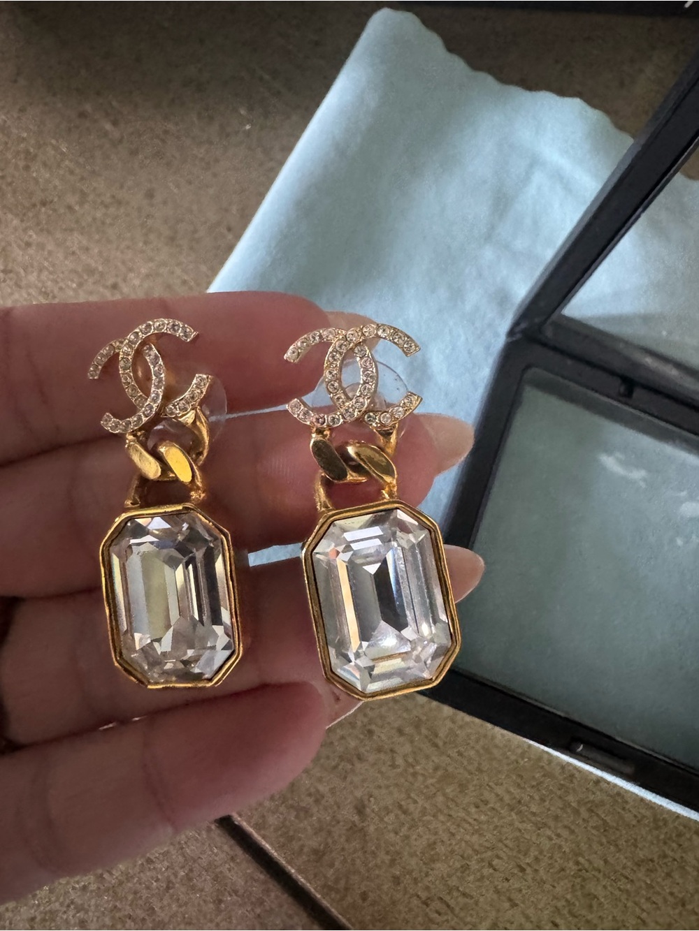 Authentic CHANEL Gold-Tone Crystal Drop Earrings with Clear Octagon Stones